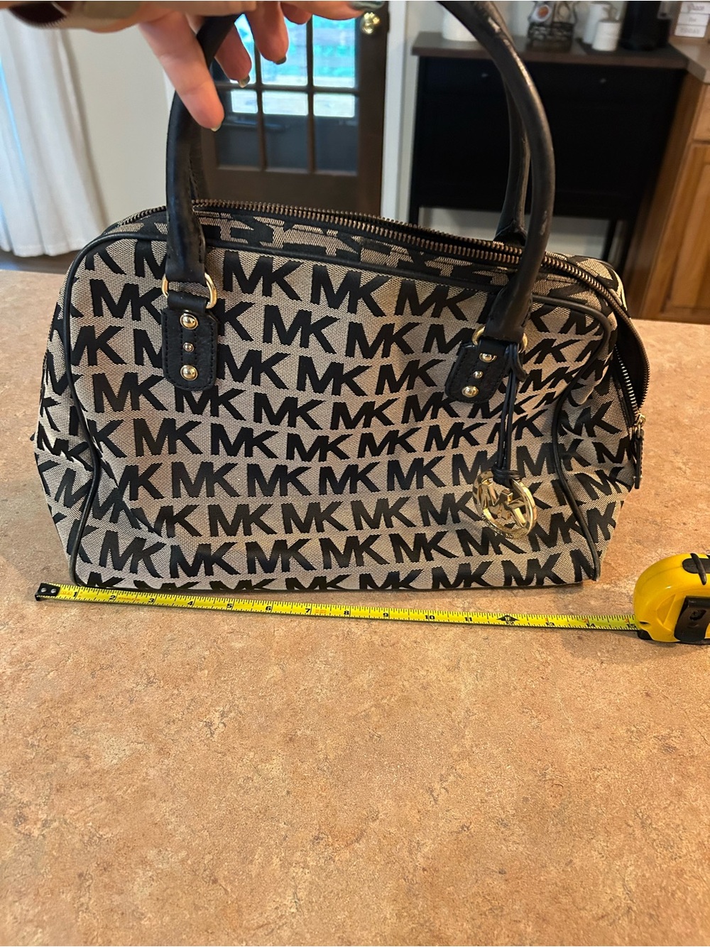 Michael Kors Black and Beige MK Logo Satchel with Gold Charm